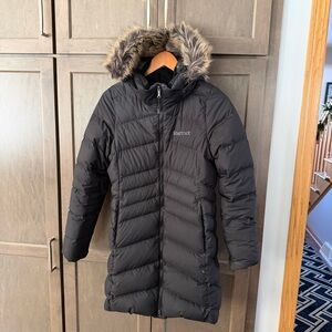 Marmot Montreal Black Puffer Jacket with Faux Fur Trim
